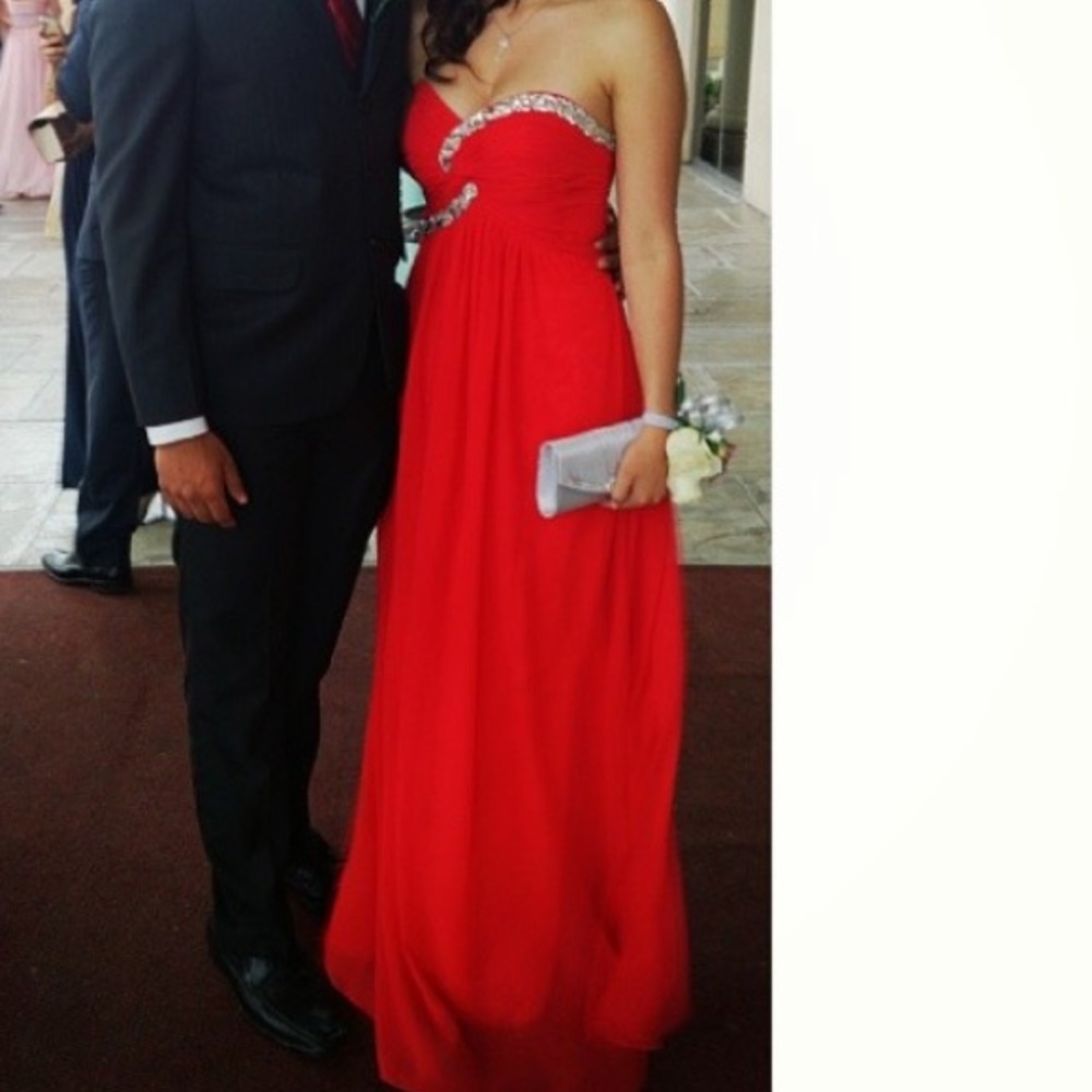 Red chiffon rhinestoned floor length formal gown